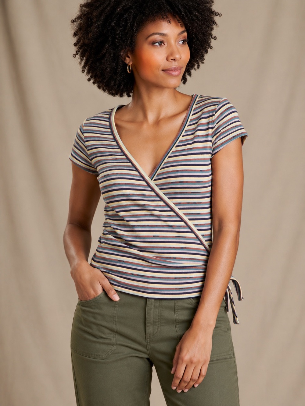 Toad&Co Daisy Rib Wrap Short Sleeve Top Multicolor Stripe Stretch Small